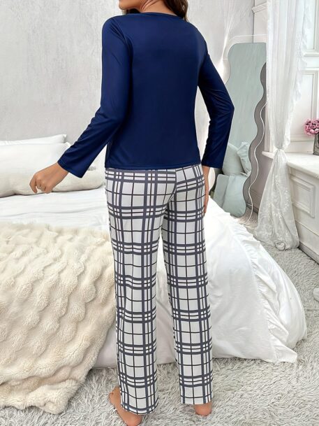 Women's Plaid Heart Print Casual Pajama Set - Image 3