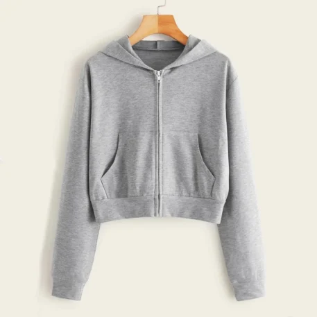 Draw String Zip Up Cropped Hoodie