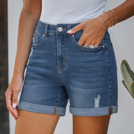 Stretchy High Waisted Ripped Denim Shorts - Image 2