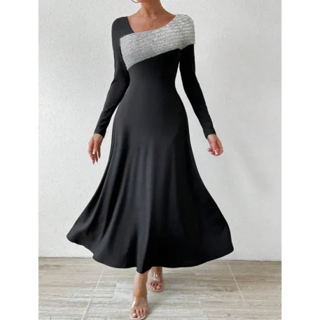 Women's Dress Elegant Contrast Color, Long Sleeve with a Round-Neck A-Line - Image 5