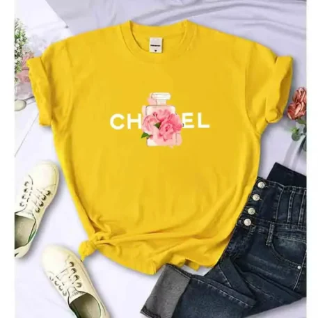 Summer T-Shirt - Cotton Alphabet Flowers Perfume Blouse - Image 5