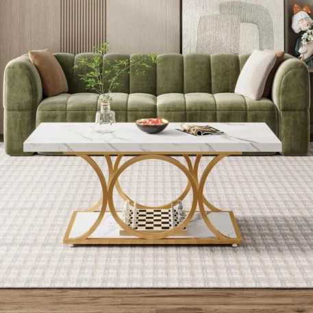 47.24-inch Modern Coffee Table  2-Tier Faux Marble Wood with Geometric Legs - Image 5