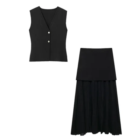 Women's 2 Piece Set V-Neck Sleeveless Button Knitted Top + Elegant Splicing High Waist Zipper Skirt - Image 15