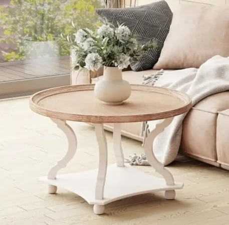 Round Farmhouse Coffee Table With Handmade Finish, Wood Tray Top