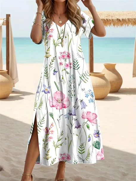 Women's Short Sleeve Long Floral Printed V Neck Dress