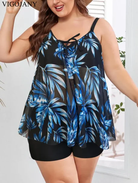 2025 Print Strapped 2 Piece Plus Size Tankini Set - Image 5