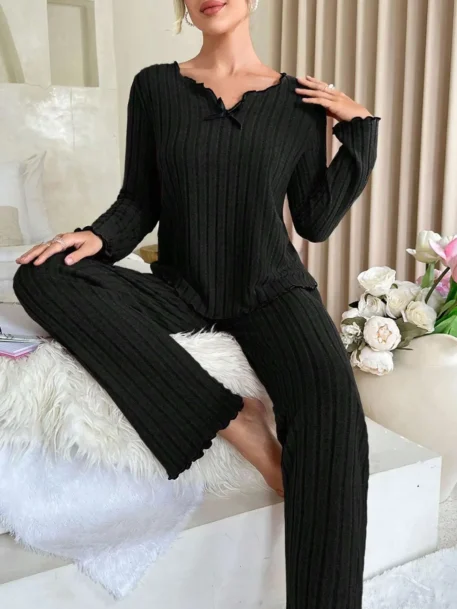 Ladies Sleepwear Ribbed Pajamas Set - Image 7