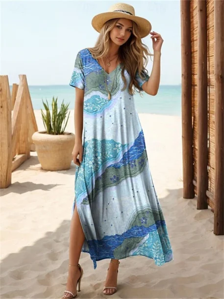 Women's Short Sleeve Long Floral Printed V Neck Dress - Image 7