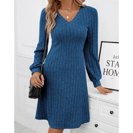 Women's Dress - Solid Color - Long Sleeve V-Neck - Image 8