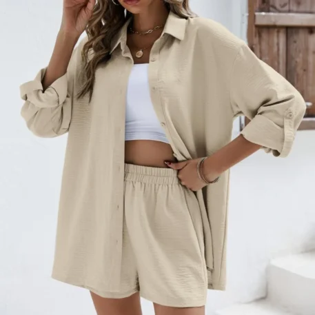 Summer Cotton Linen  High Waist Shirt and Shorts