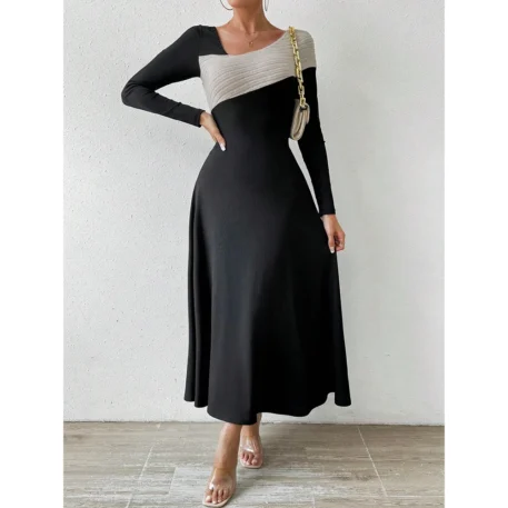 Women's Dress Elegant Contrast Color, Long Sleeve with a Round-Neck A-Line - Image 4