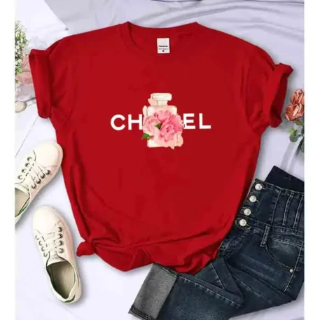 Summer T-Shirt - Cotton Alphabet Flowers Perfume Blouse - Image 6