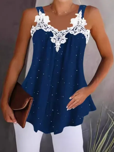 Women's V-Neck Sleeveless Lace Patchwork Tank Tops - Image 2