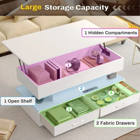 Lift Top Coffee Table with 2 Fabric Drawers & LED Light - Image 3