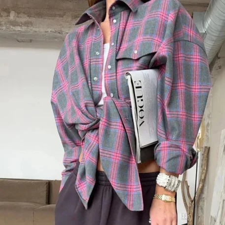 New Vintage Oversized Long Sleeve Plaid Shirt - Image 2