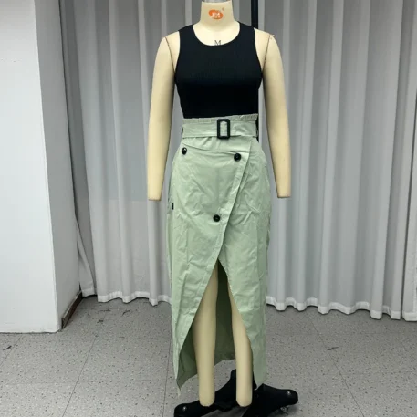 Women's Two Piece Set - Sleeveless Round Neck Pullover Tank Top with A Line Irregular Button Slit Skirt - Image 4