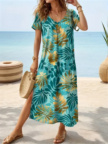 Women's Short Sleeve Long Floral Printed V Neck Dress - Image 10