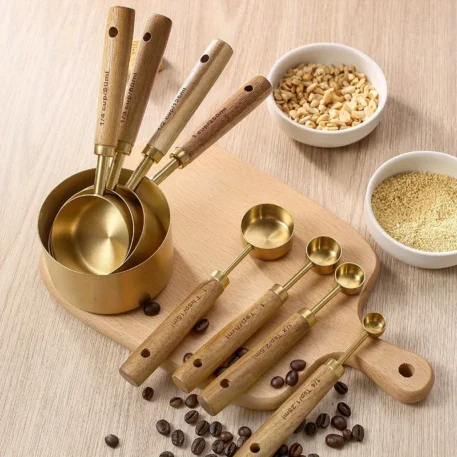 4 or 8Pcs Wooden Handle Stainless Steel Measuring Cups and Measuring Spoons - Image 2