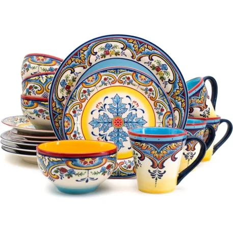 Zanzibar Collection 16 Piece Dinnerware Set Service for 4, Spanish Floral Design, Multicolor, Blue and Yellow