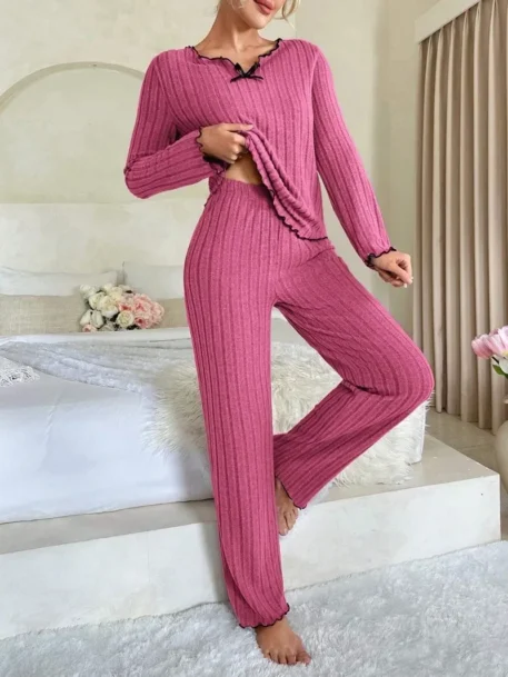 Ladies Sleepwear Ribbed Pajamas Set - Image 3