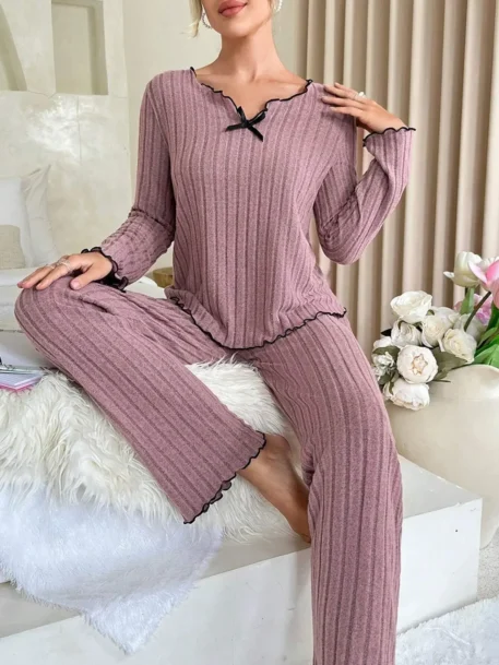 Ladies Sleepwear Ribbed Pajamas Set - Image 10