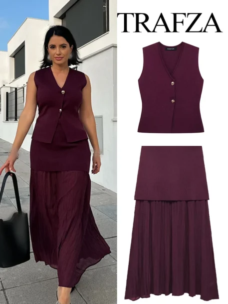 Women's 2 Piece Set V-Neck Sleeveless Button Knitted Top + Elegant Splicing High Waist Zipper Skirt - Image 3