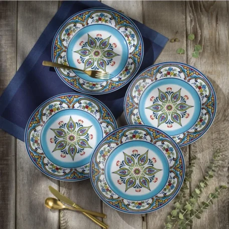 Zanzibar Collection 16 Piece Dinnerware Set Service for 4, Spanish Floral Design, Multicolor, Blue and Yellow - Image 4