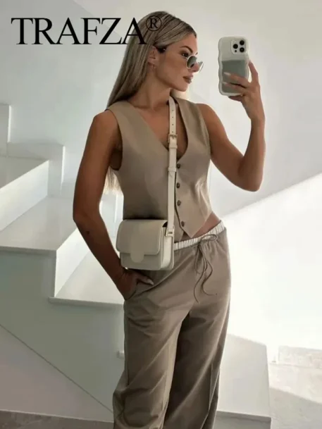 Summer Solid Sets - Sleeveless V Neck Buttons Vest + Elastic Waist Drawstring Straight Pants - Image 6