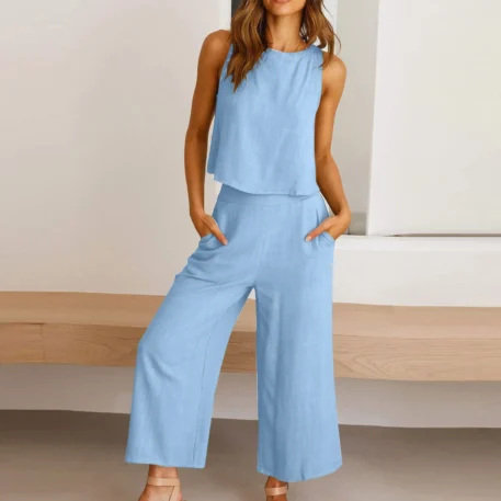 Summer  Cotton Linen Top and Wide Leg Pants