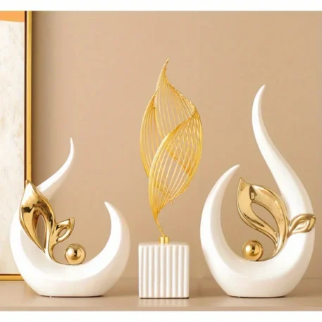 White & Gold Home Decor Accent Ceramic Statue Abstract Sculpture