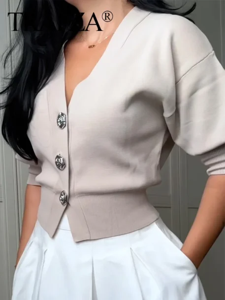 TRAFZA Solid  Breasted Cardigan Top