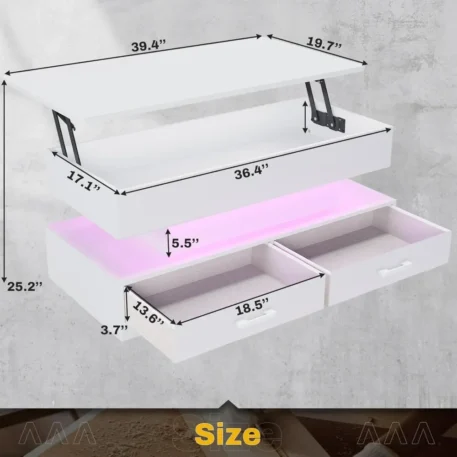 Lift Top Coffee Table with 2 Fabric Drawers & LED Light - Image 5