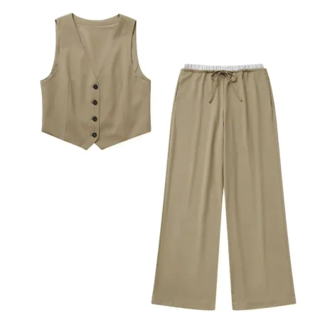 Summer Solid Sets - Sleeveless V Neck Buttons Vest + Elastic Waist Drawstring Straight Pants - Image 9