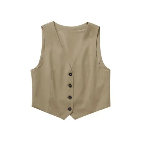 Summer Solid Sets - Sleeveless V Neck Buttons Vest + Elastic Waist Drawstring Straight Pants - Image 7
