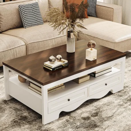 Farmhouse Coffee Table with Storage, 47.6"  with 4 Large Drawers