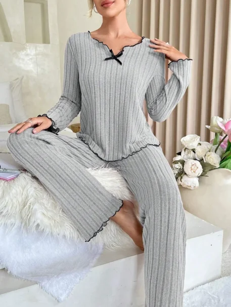 Ladies Sleepwear Ribbed Pajamas Set - Image 9