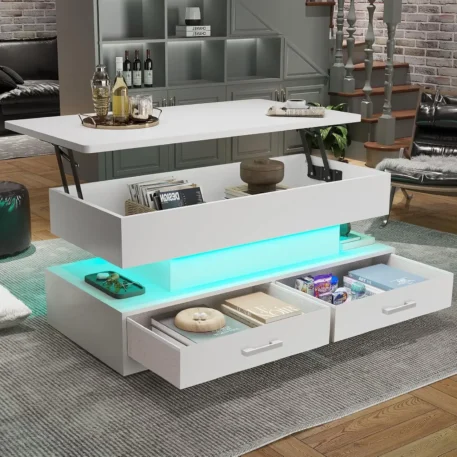 Lift Top Coffee Table with 2 Fabric Drawers & LED Light - Image 7