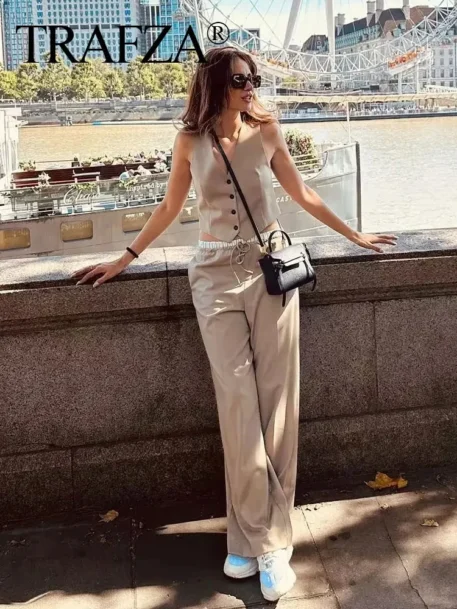 Summer Solid Sets - Sleeveless V Neck Buttons Vest + Elastic Waist Drawstring Straight Pants
