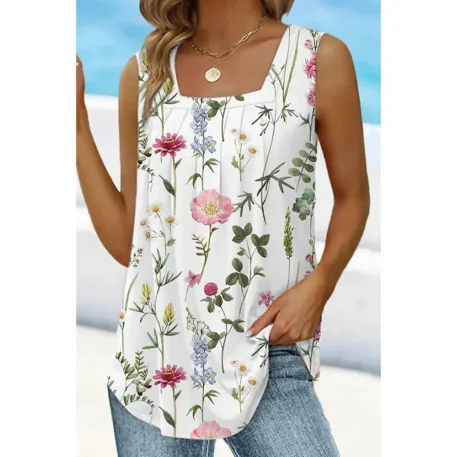 Plus Size Casual Floral Print Tank Top