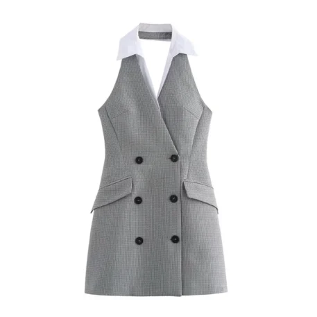 Mini Dress Grey Turn-Down Collar, Sleeveless and Backless - Image 7