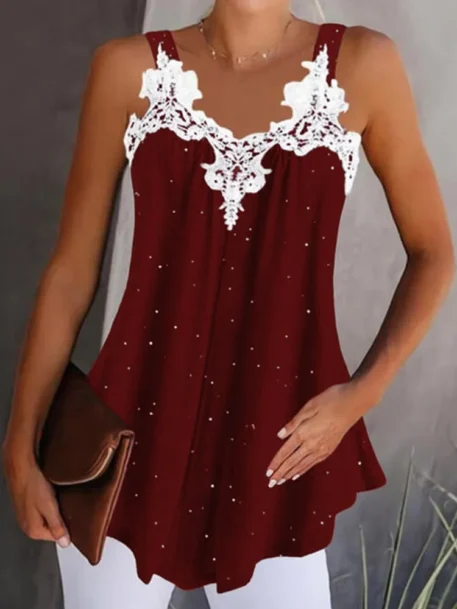 Women's V-Neck Sleeveless Lace Patchwork Tank Tops - Image 4