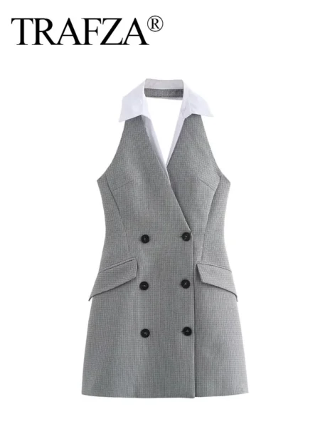 Mini Dress Grey Turn-Down Collar, Sleeveless and Backless - Image 4