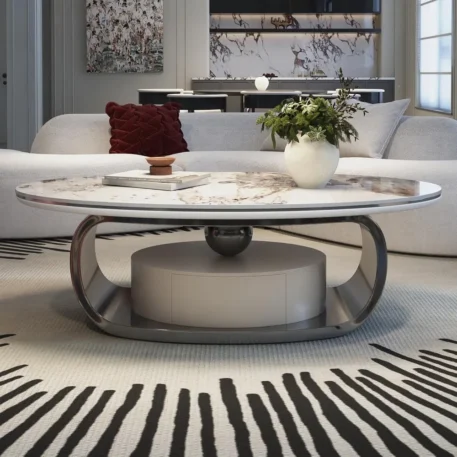 55" Modern Oval Coffee Table with Abstract Metal Base