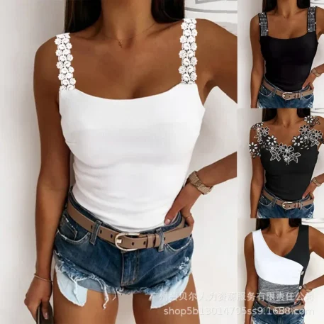 Spring And Summer Casual White Lace Suspender Top