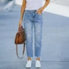 Stretchy High Waisted Straight Leg Ripped Boyfriend Jeans