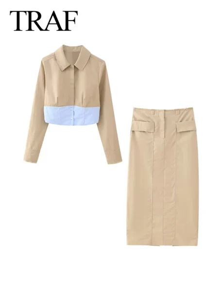 TRAF  Spring Fashion Women's Khaki Long Sleeve Cardigan Shirt + Zipper Slit High Waist Long Straight Skirt - Image 2