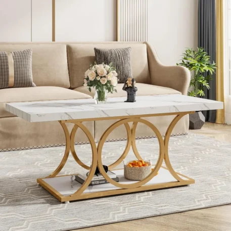 47.24-inch Modern Coffee Table  2-Tier Faux Marble Wood with Geometric Legs - Image 4