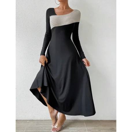 Women's Dress Elegant Contrast Color, Long Sleeve with a Round-Neck A-Line - Image 3