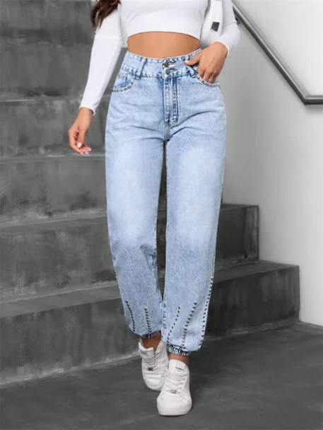 Straight Jeans High Waist Baggy Washed Denim