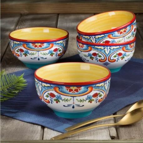 Zanzibar Collection 16 Piece Dinnerware Set Service for 4, Spanish Floral Design, Multicolor, Blue and Yellow - Image 3